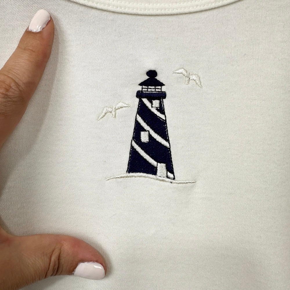 Vintage Cardigan Top Set Womens Size L Navy Blue Nautical Lighthouse Timberlea - Picture 11 of 15